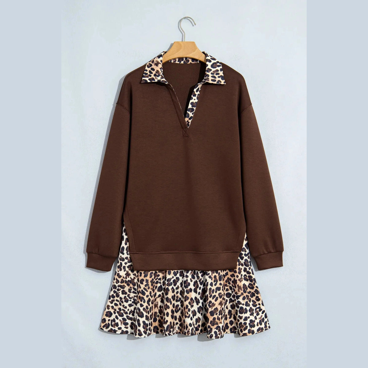 Moriah Coffee Leopard Patchwork Collar Long Sleeve Dress