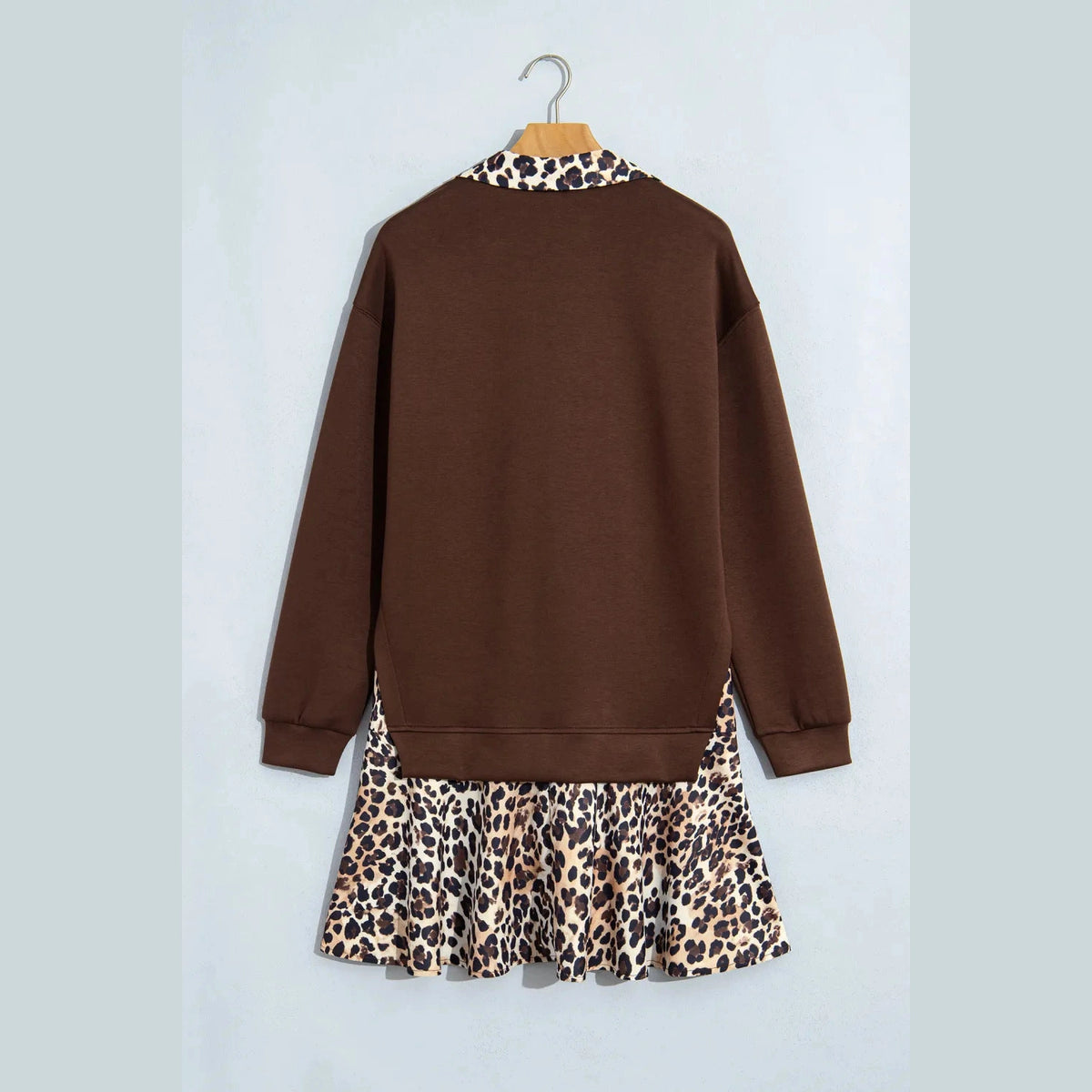 Moriah Coffee Leopard Patchwork Collar Long Sleeve Dress