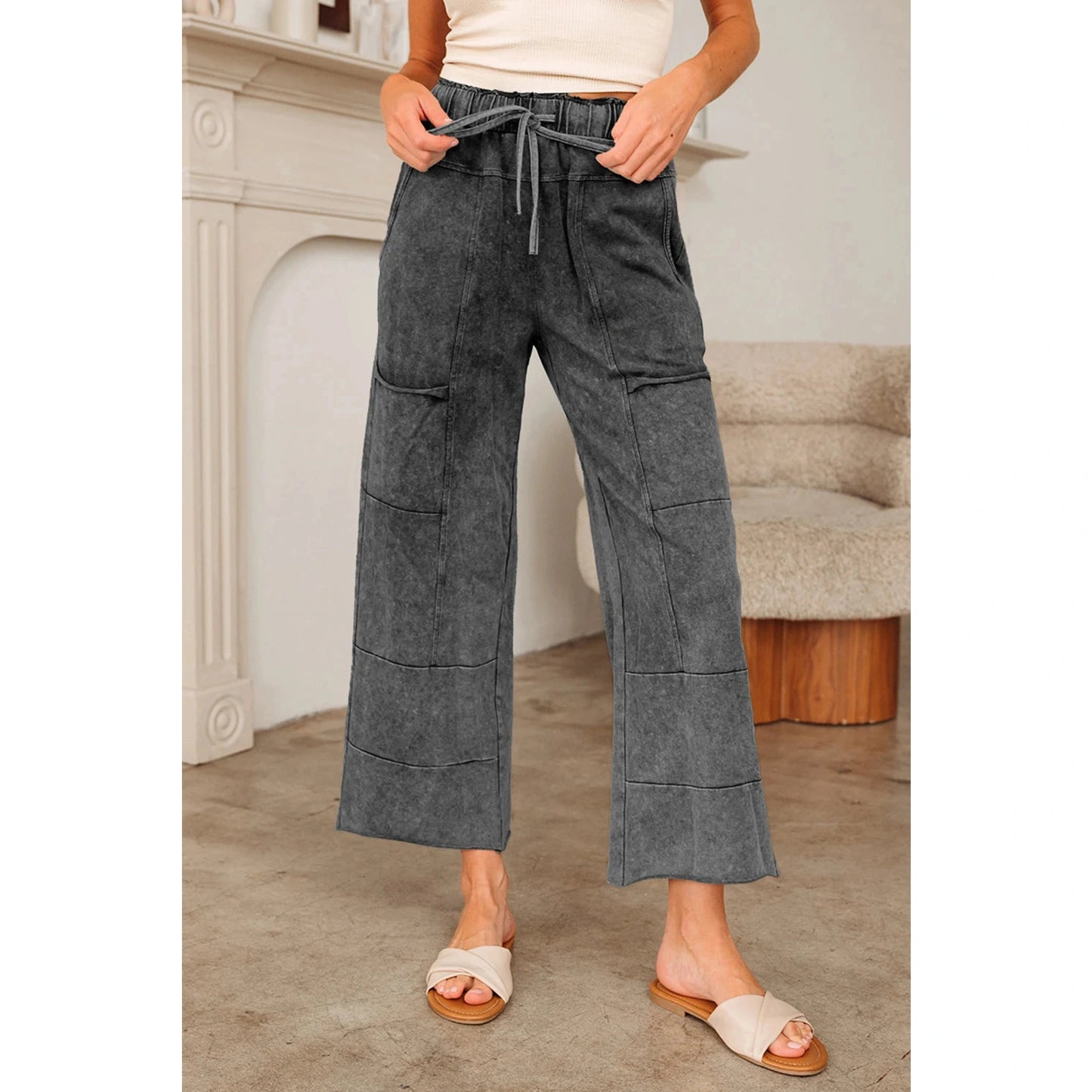 Mary Pat Grey Mineral Wash Lace-up High Waist Raw Hem Patched Pocket Pants