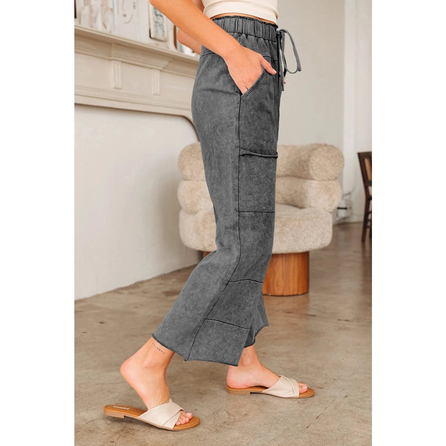 Mary Pat Grey Mineral Wash Lace-up High Waist Raw Hem Patched Pocket Pants