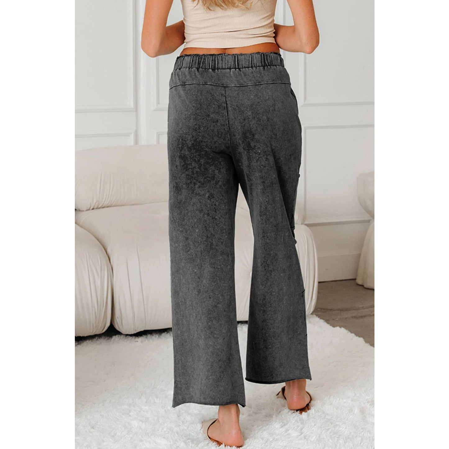 Mary Pat Grey Mineral Wash Lace-up High Waist Raw Hem Patched Pocket Pants