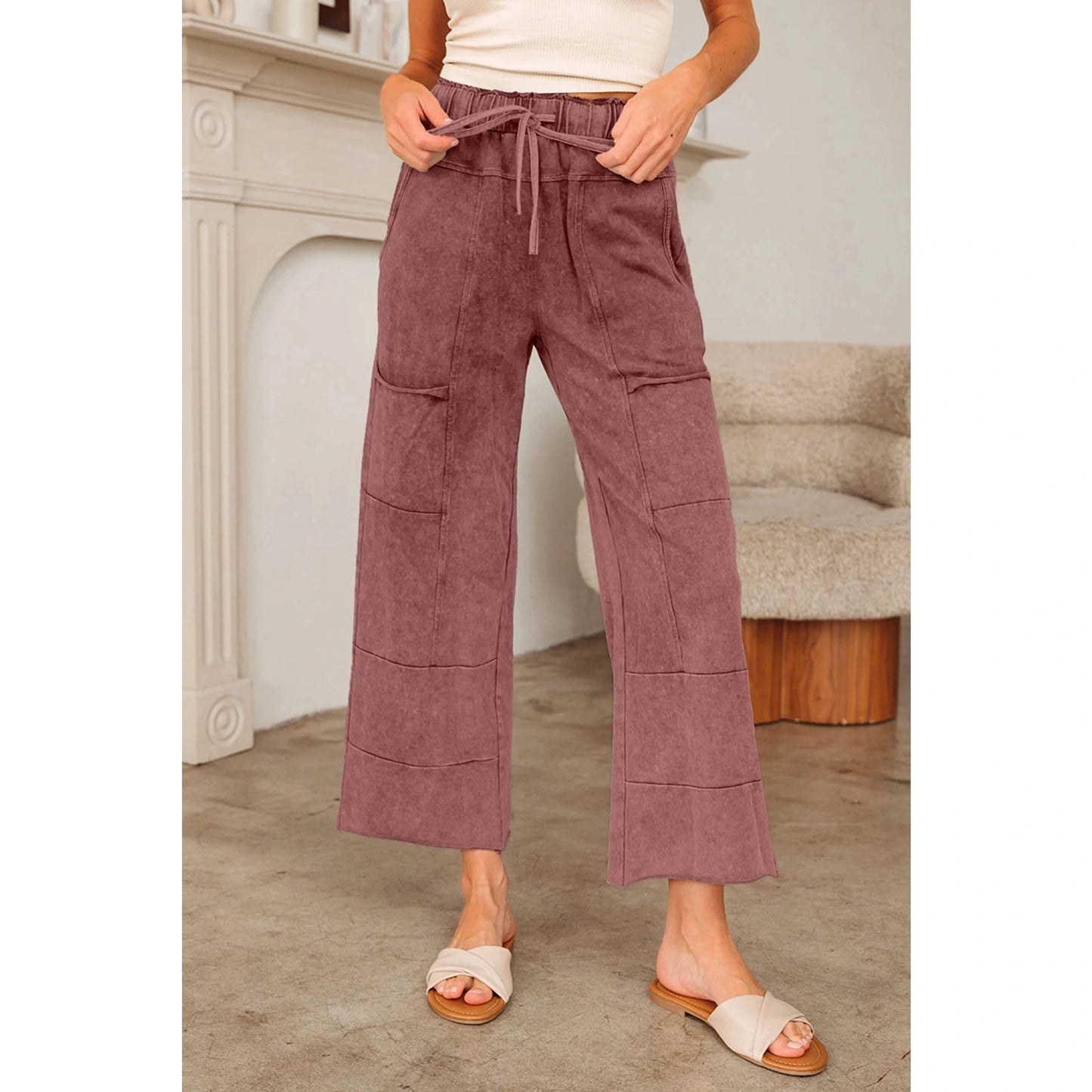 Mary Pat Ginger Mineral Wash Lace-up High Waist Raw Hem Patched Pocket Pants