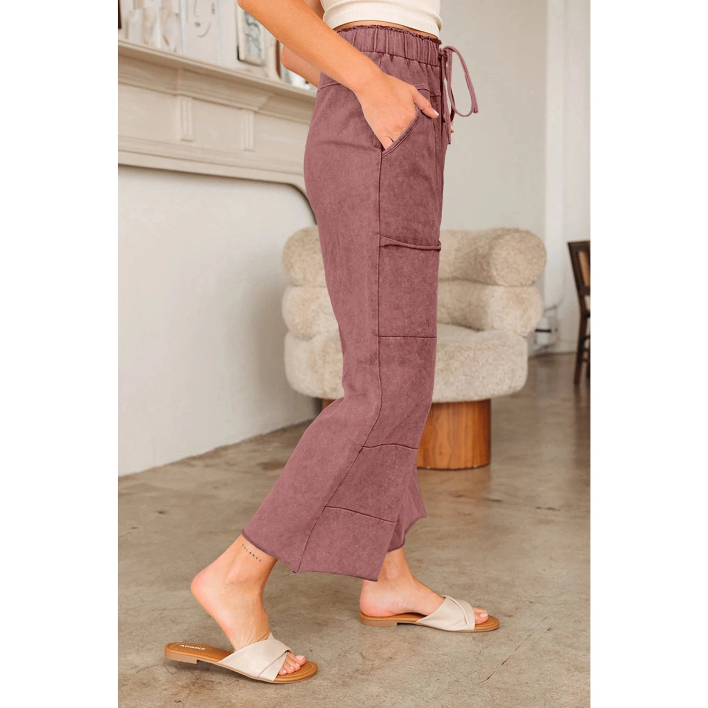 Mary Pat Ginger Mineral Wash Lace-up High Waist Raw Hem Patched Pocket Pants