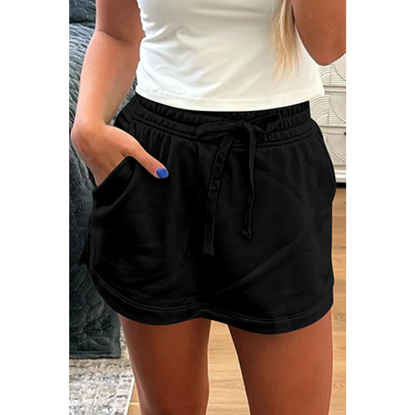 Mya Black French Terry Drawstring Mini Skort with Pockets