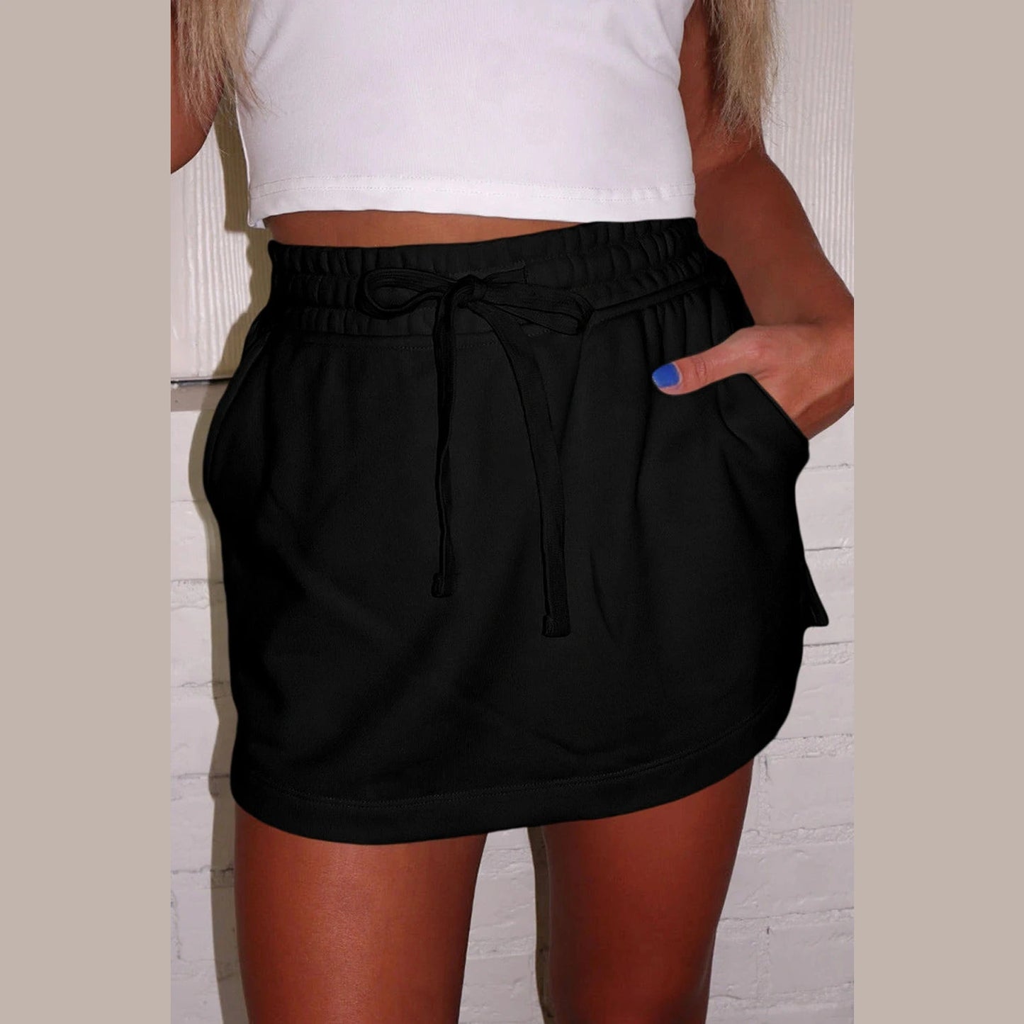 Mya Black French Terry Drawstring Mini Skort with Pockets
