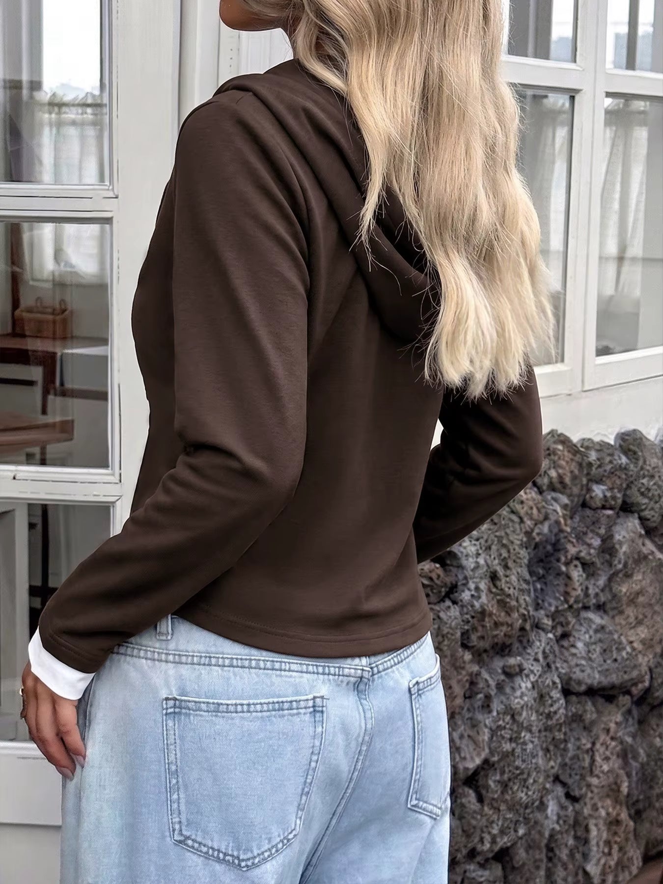 Mya Chocolate Button‑Front Hoodie Layered Look