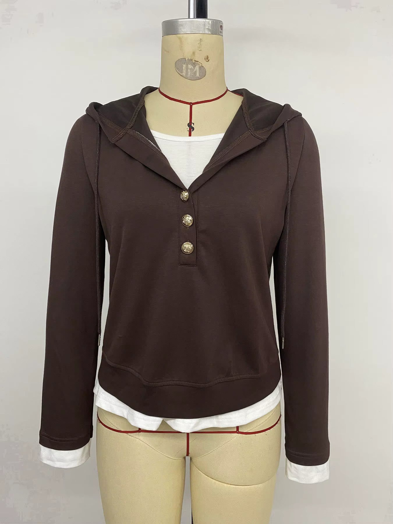 Mya Chocolate Button‑Front Hoodie Layered Look