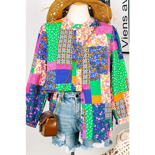 Mylie Multicolor Floral Patchwork Print Buttoned Puff Sleeve Shirt