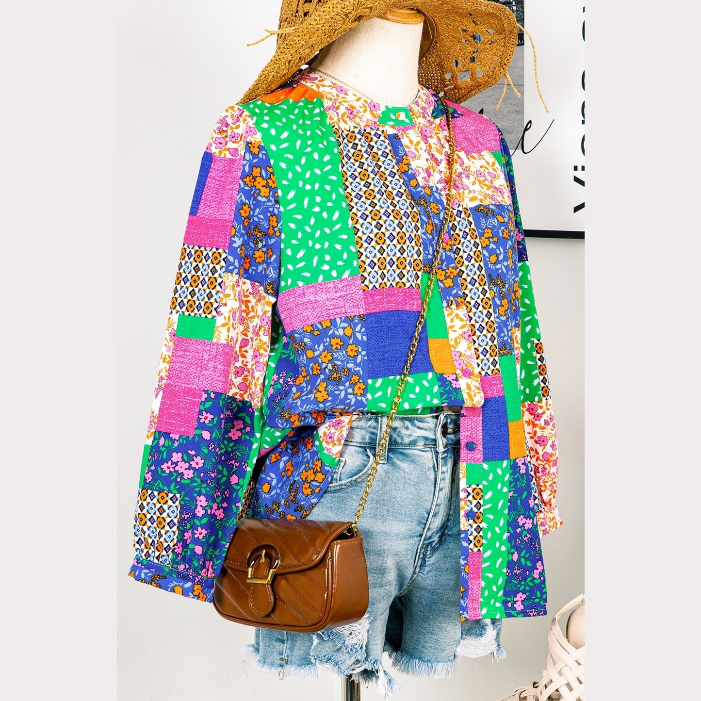 Mylie Multicolor Floral Patchwork Print Buttoned Puff Sleeve Shirt