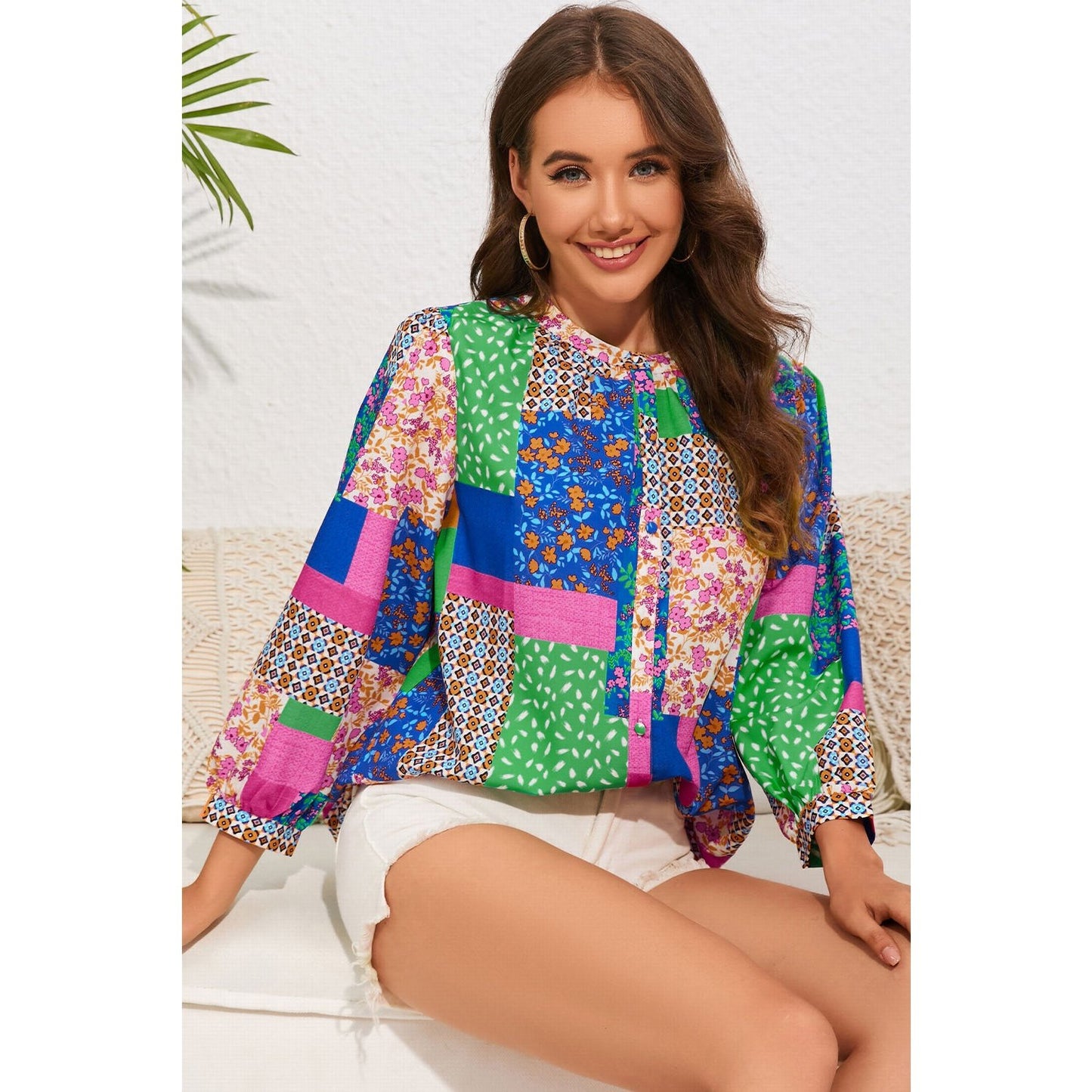 Mylie Multicolor Floral Patchwork Print Buttoned Puff Sleeve Shirt