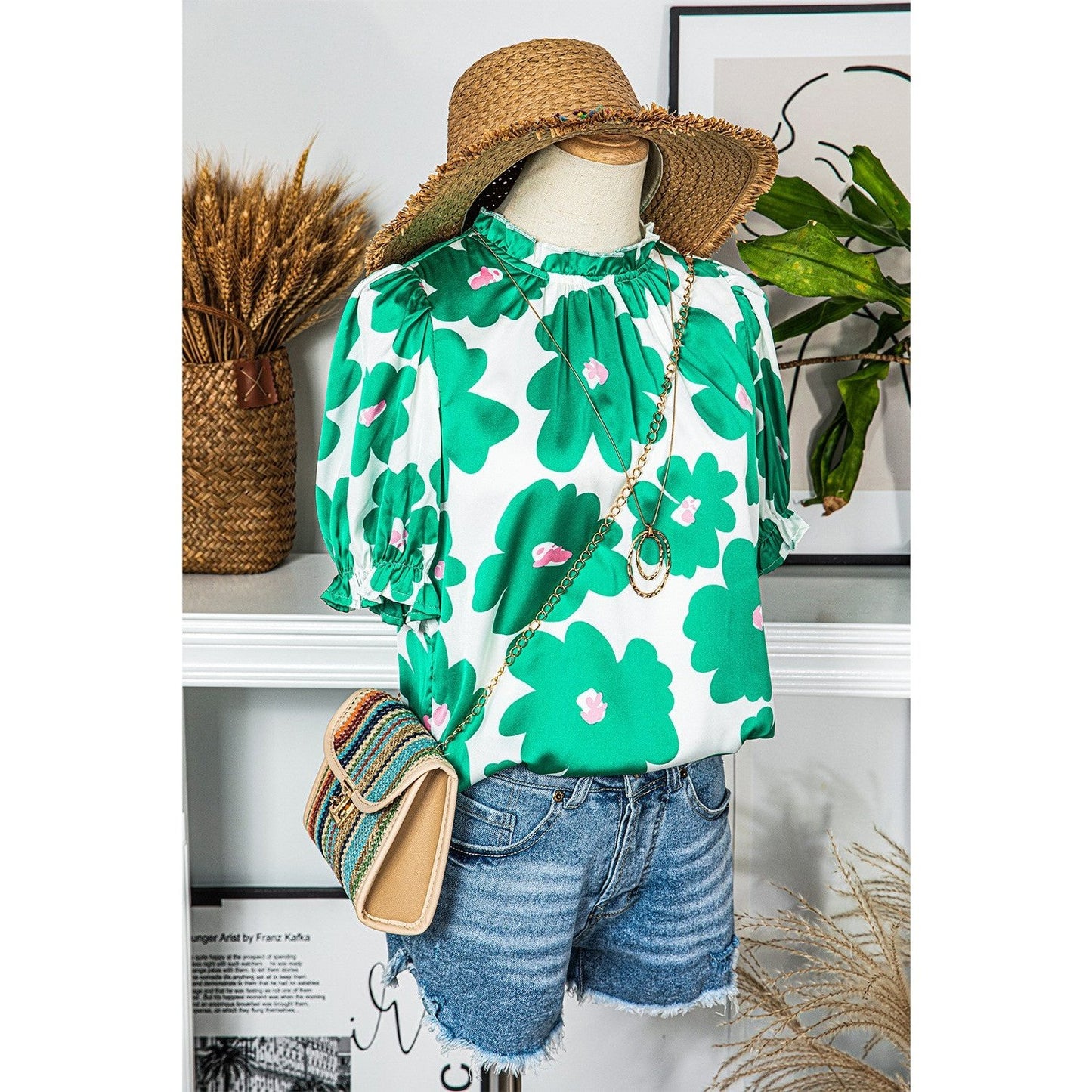 Myra Green Floral Puff Sleeve Frill Neckline Blouse