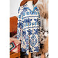 Myra Blue Ethnic Print Striped Split Neck Long Sleeve Flowy Mini Dress