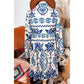 Myra Blue Ethnic Print Striped Split Neck Long Sleeve Flowy Mini Dress