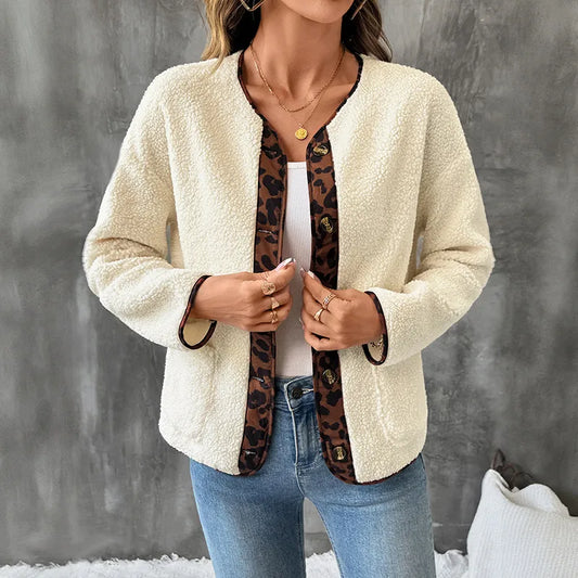 Myriam Leopard Trim Button Up Fleece Jacket