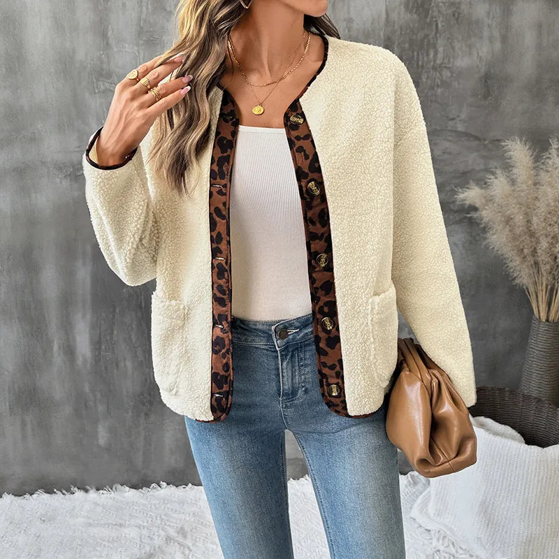 Myriam Leopard Trim Button Up Fleece Jacket