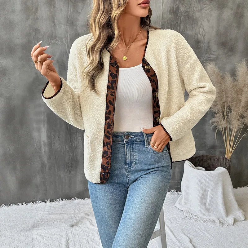 Myriam Leopard Trim Button Up Fleece Jacket