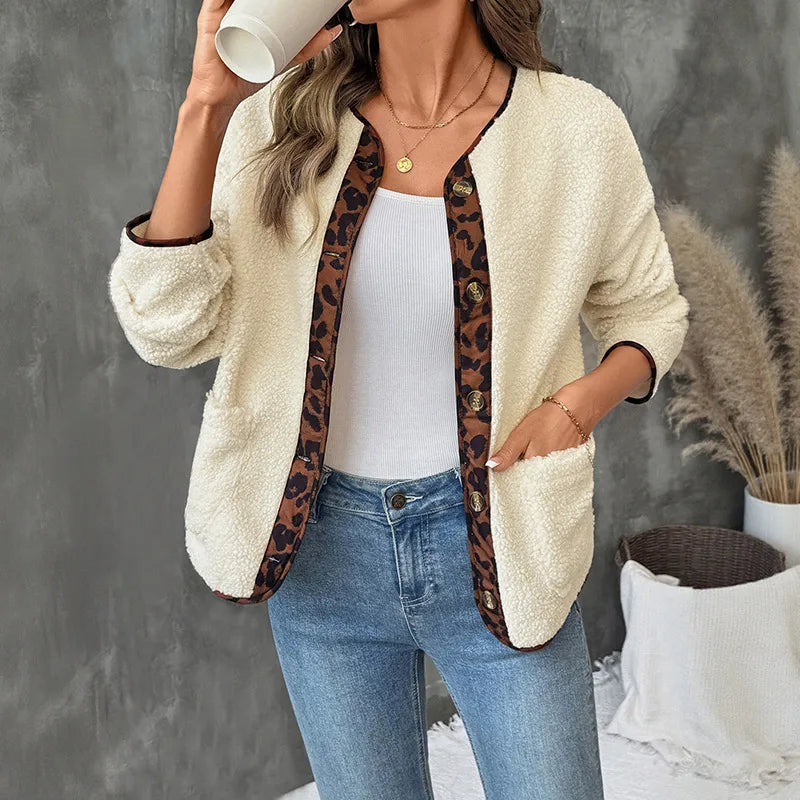 Myriam Leopard Trim Button Up Fleece Jacket