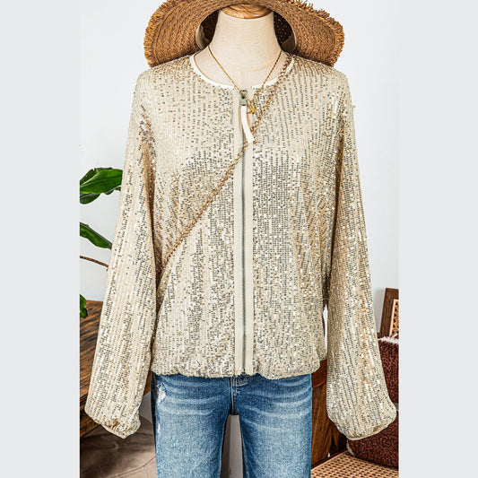 Nadeen Apricot Sequin Zip up Round Neck Long Sleeve Jacket