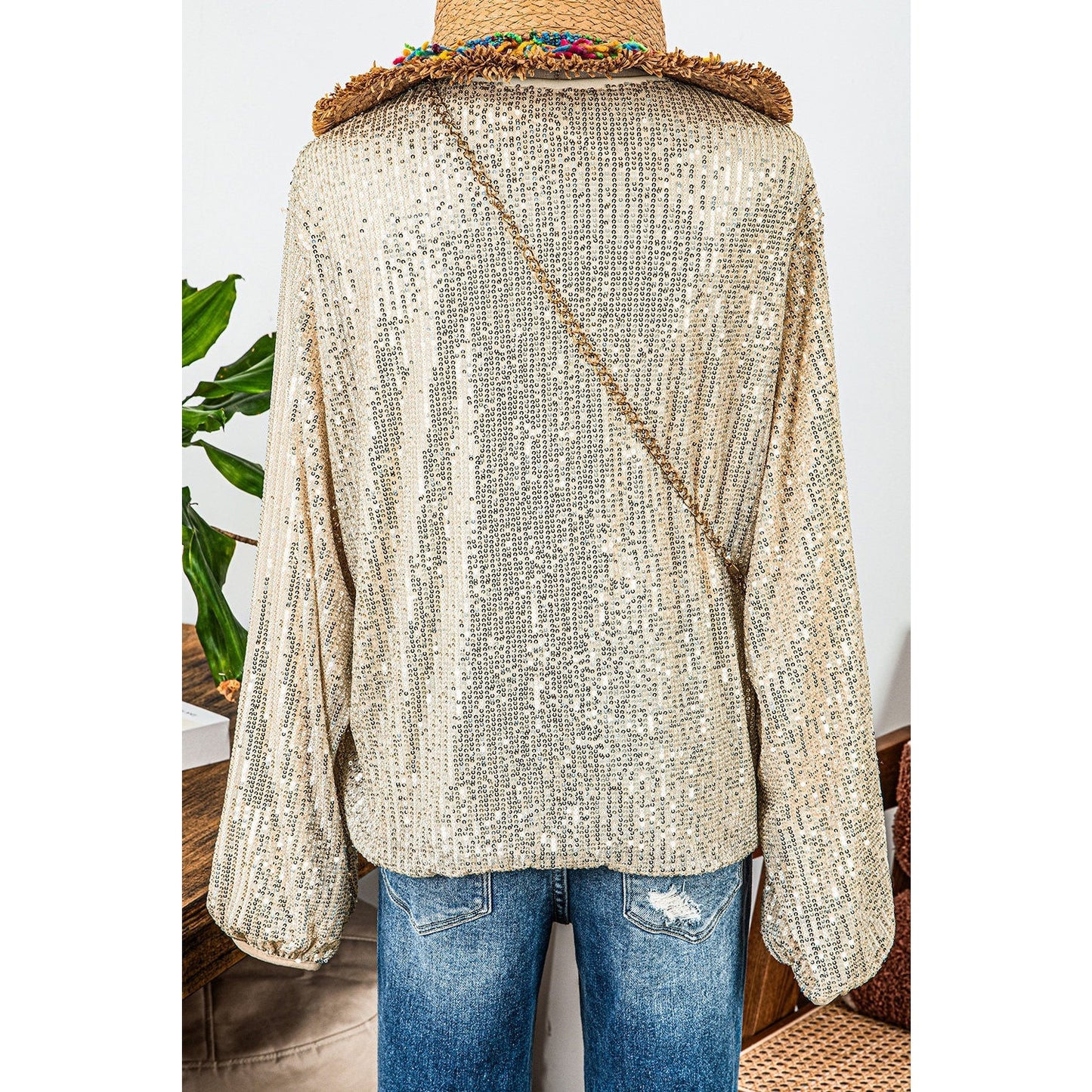 Nadeen Apricot Sequin Zip up Round Neck Long Sleeve Jacket