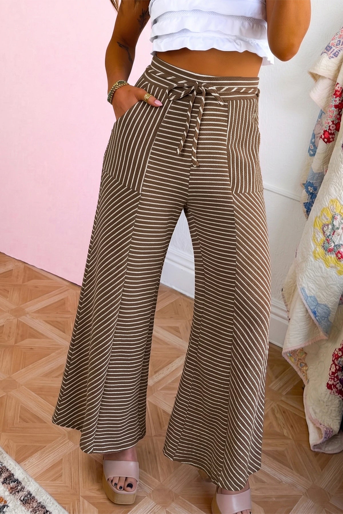 Nan Stripe Patchwork Design Wide Leg Casual Pants