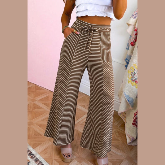 Nan Stripe Patchwork Design Wide Leg Casual Pants