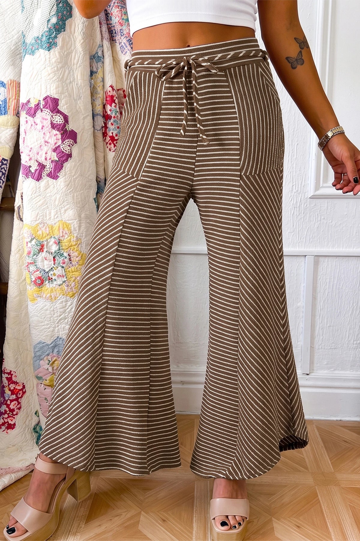 Nan Stripe Patchwork Design Wide Leg Casual Pants