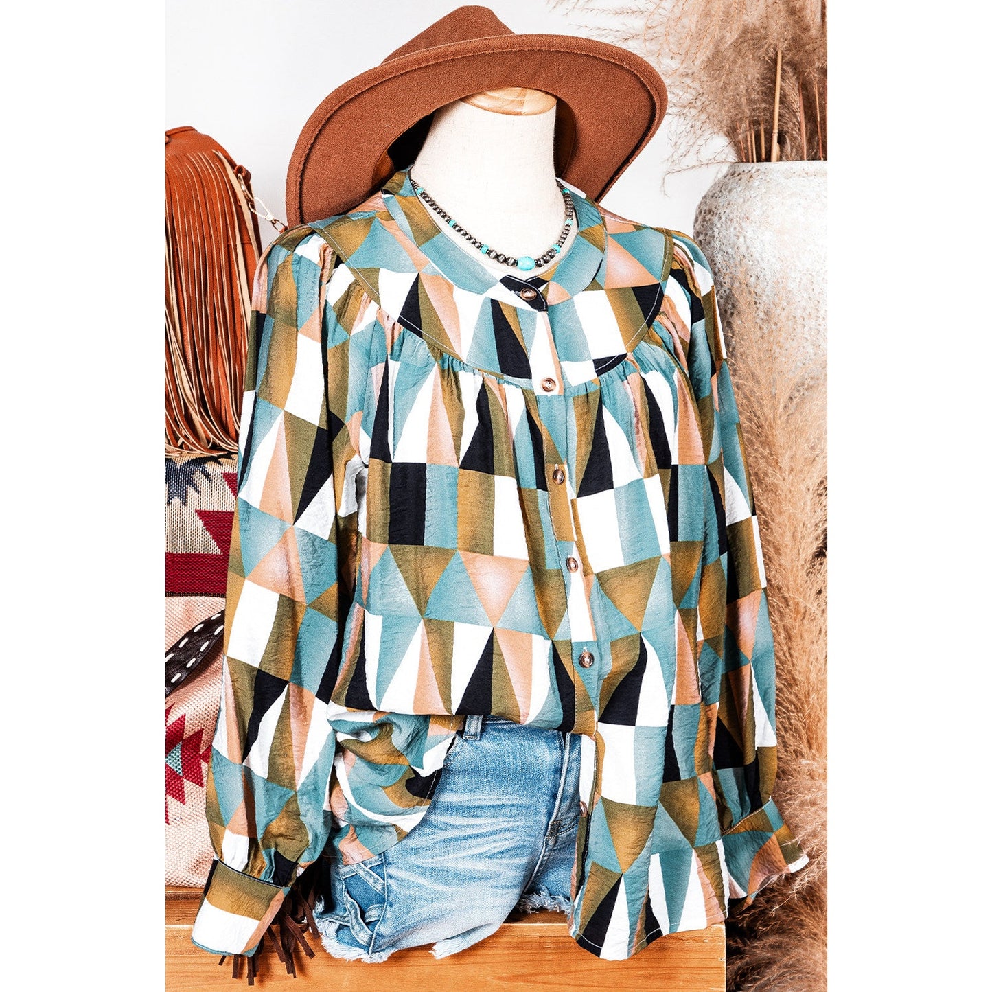 REDUCED!!!  Nance Green Geometric Print Buttoned Balloon Sleeve Loose Fit Shirt  REDUCED!!!