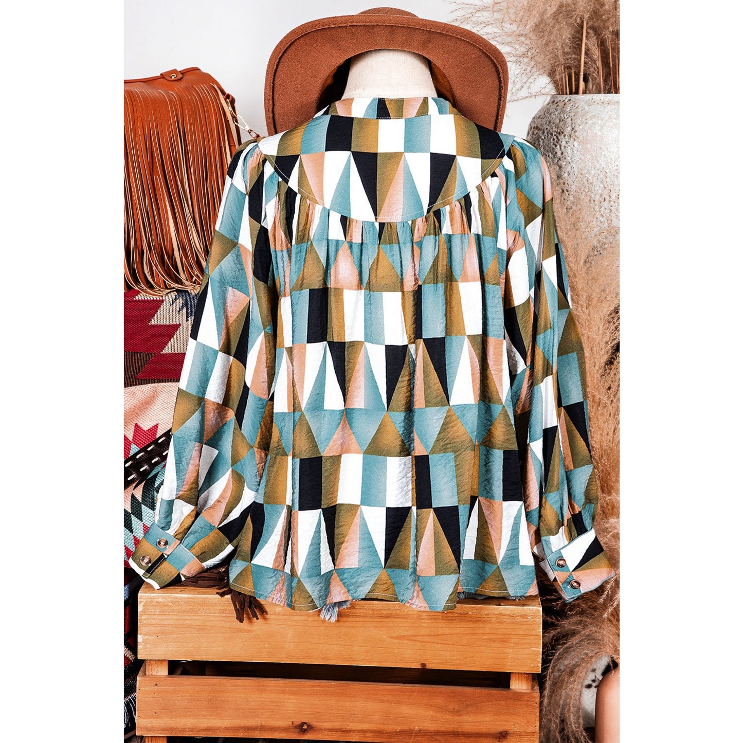 REDUCED!!!  Nance Green Geometric Print Buttoned Balloon Sleeve Loose Fit Shirt  REDUCED!!!