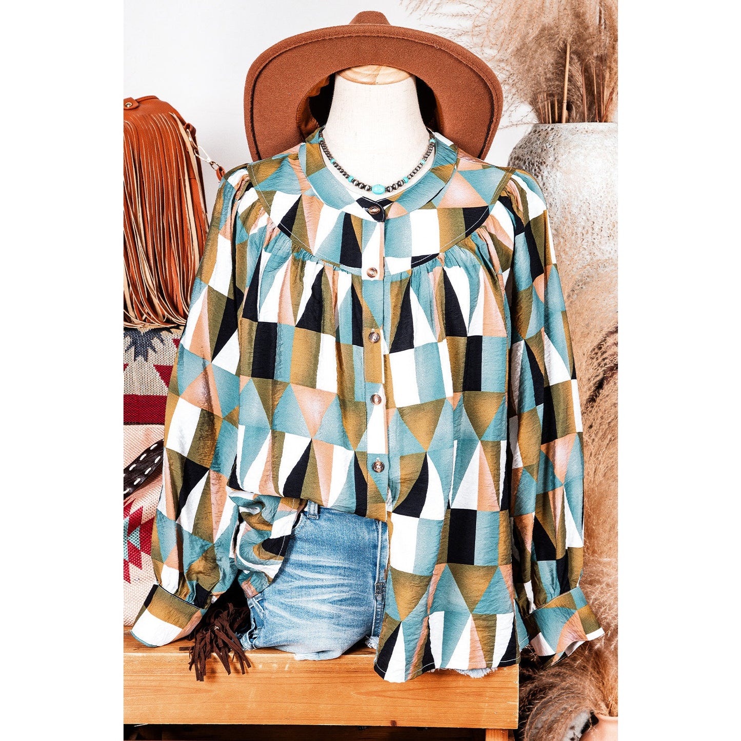 REDUCED!!!  Nance Green Geometric Print Buttoned Balloon Sleeve Loose Fit Shirt  REDUCED!!!