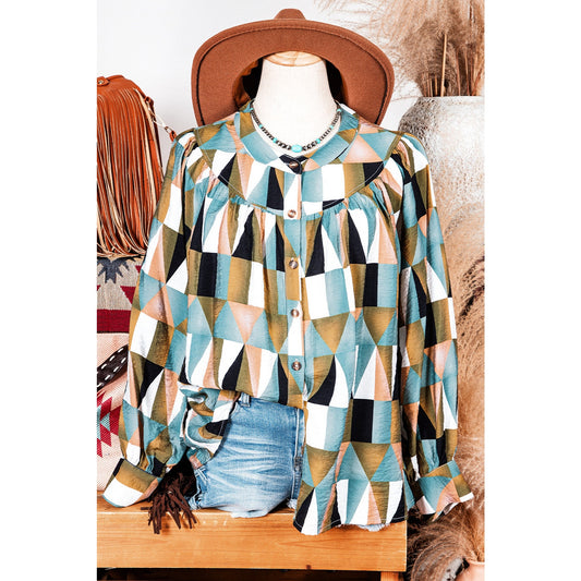 REDUCED!!!  Nance Green Geometric Print Buttoned Balloon Sleeve Loose Fit Shirt  REDUCED!!!
