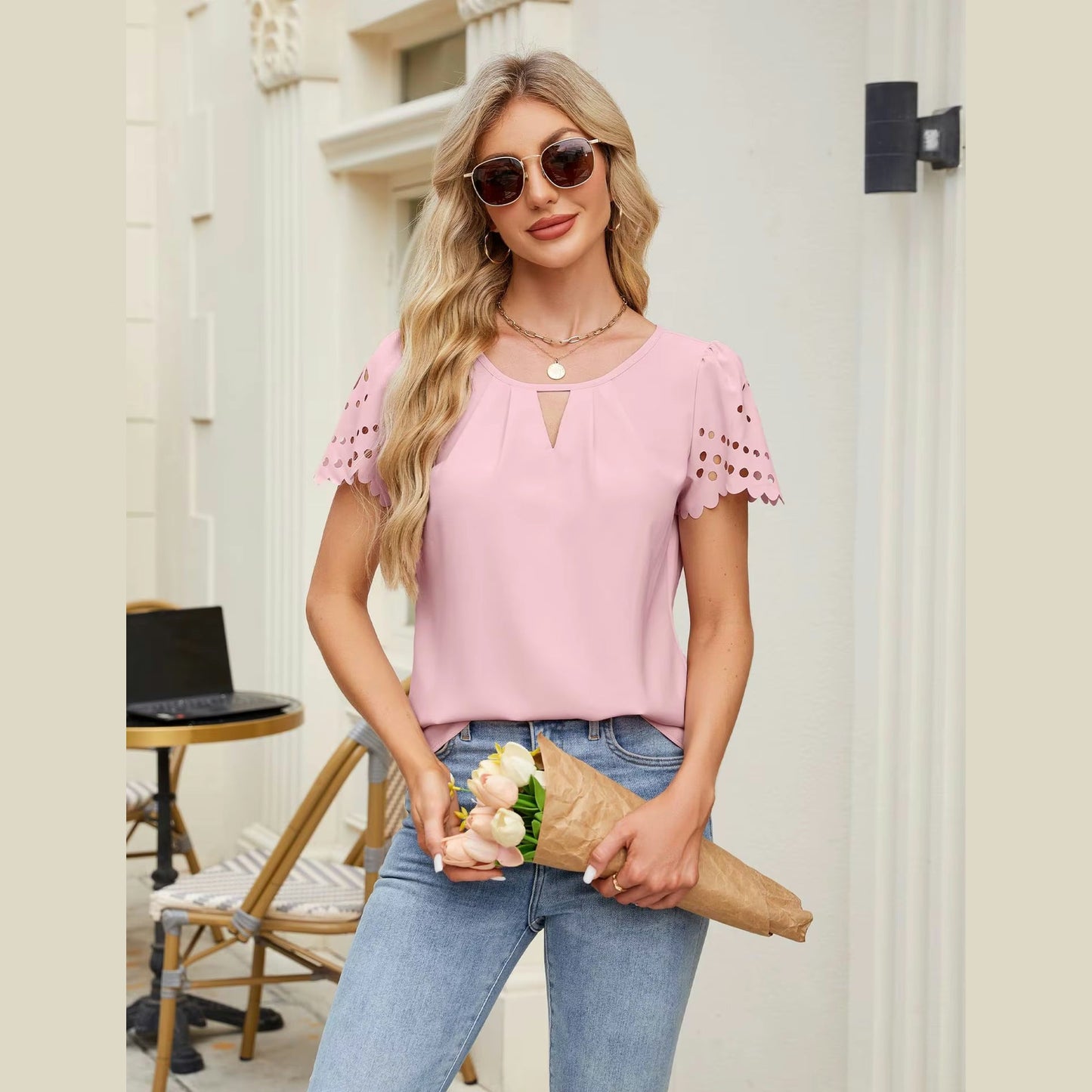Naomi Pink Scalloped Sleeve Keyhole Blouse