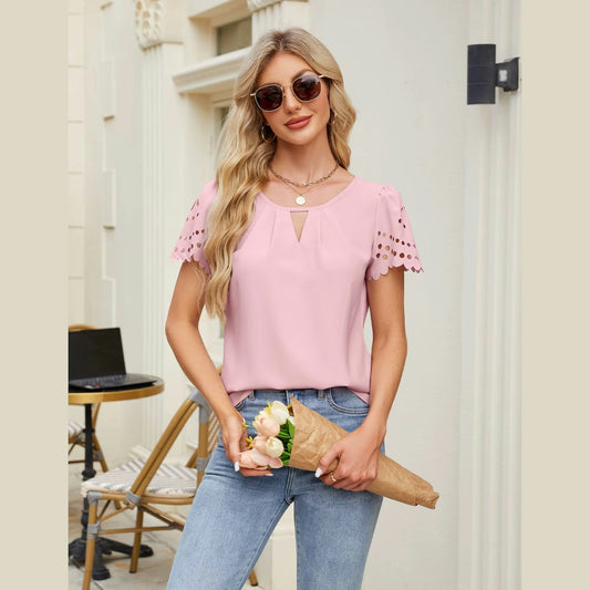Naomi Pink Scalloped Sleeve Keyhole Blouse