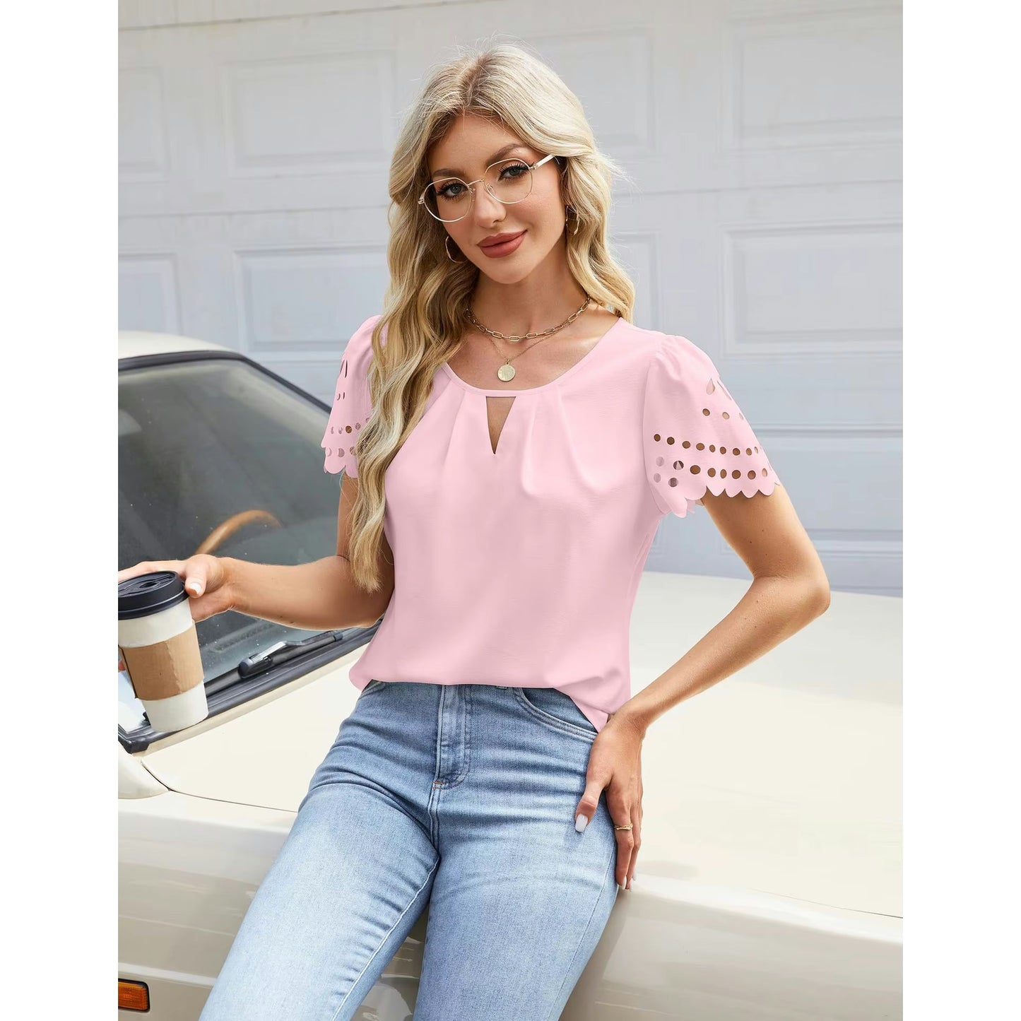Naomi Pink Scalloped Sleeve Keyhole Blouse