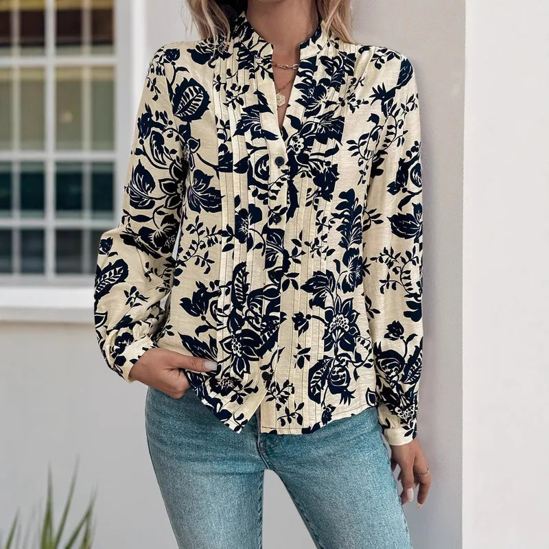 RTS Natosha Navy Vintage Print Pleated Long Sleeve Blouse