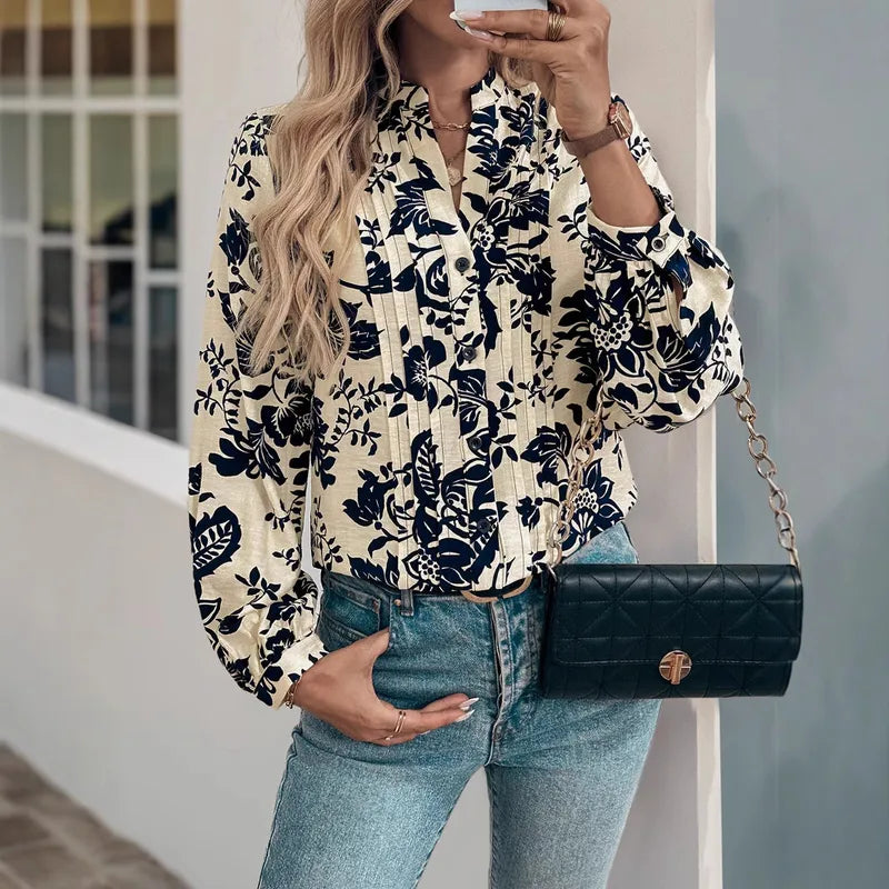 RTS Natosha Navy Vintage Print Pleated Long Sleeve Blouse