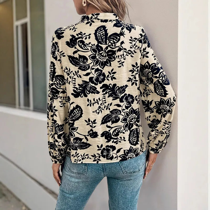 RTS Natosha Navy Vintage Print Pleated Long Sleeve Blouse