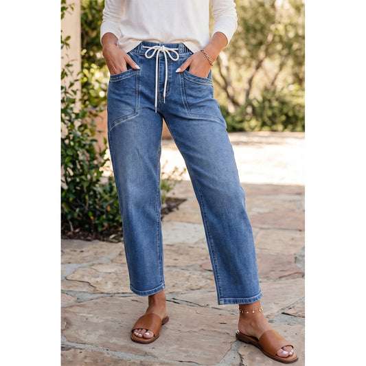 Natalie Blue Drawstring Waist Ankle Length Casual Jeans Regular Fit Pocket Detail Denim Pants