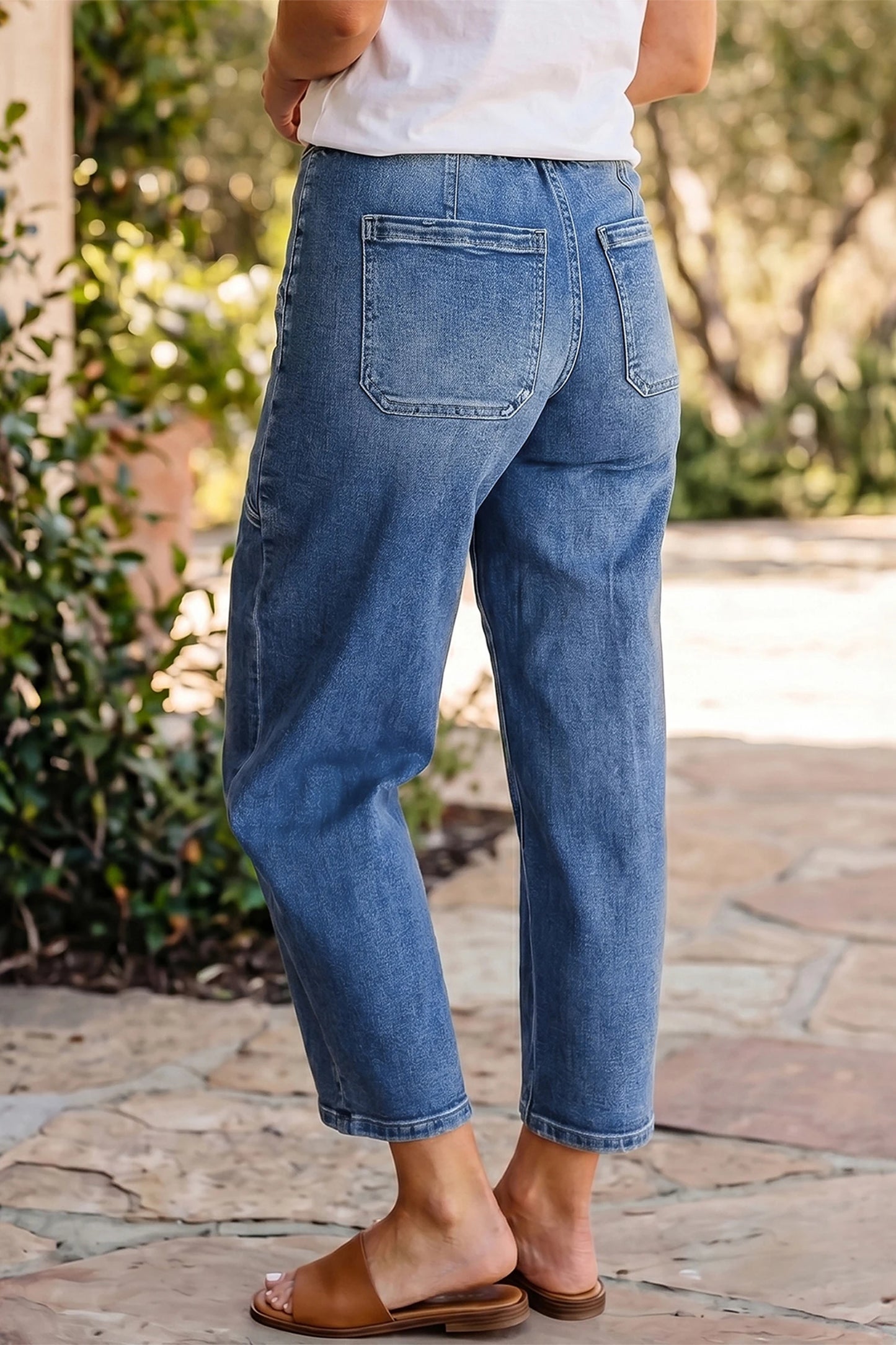 Natalie Blue Drawstring Waist Ankle Length Casual Jeans Regular Fit Pocket Detail Denim Pants