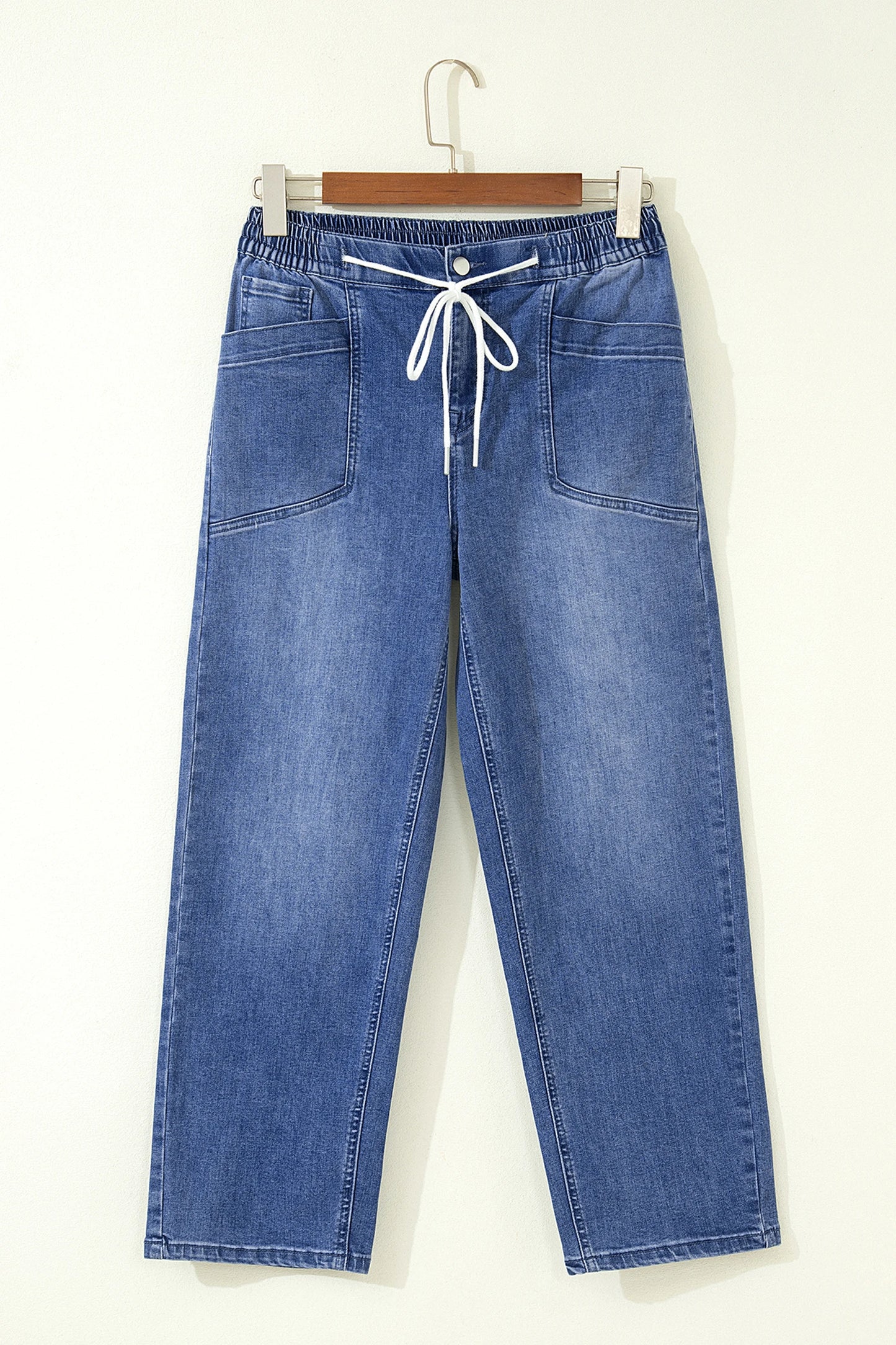 Natalie Blue Drawstring Waist Ankle Length Casual Jeans Regular Fit Pocket Detail Denim Pants