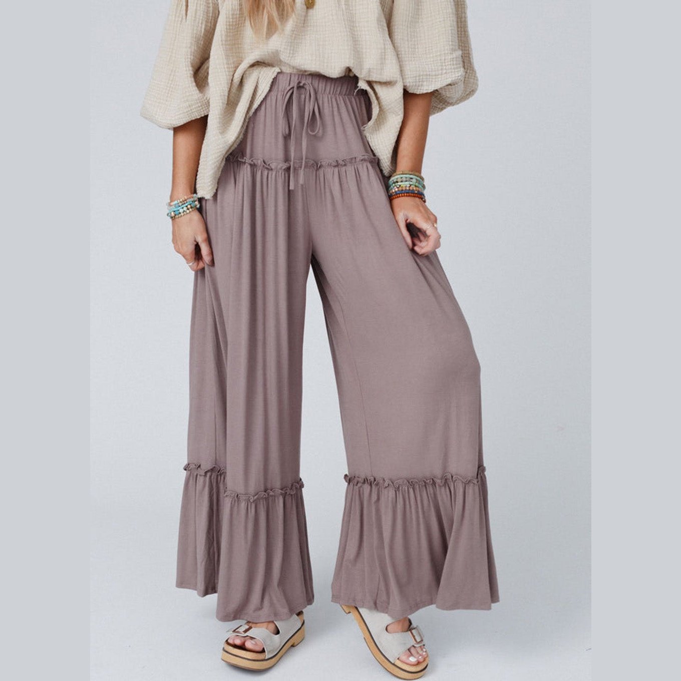 Natty Frilled Drawstring High Waist Wide Leg Pants