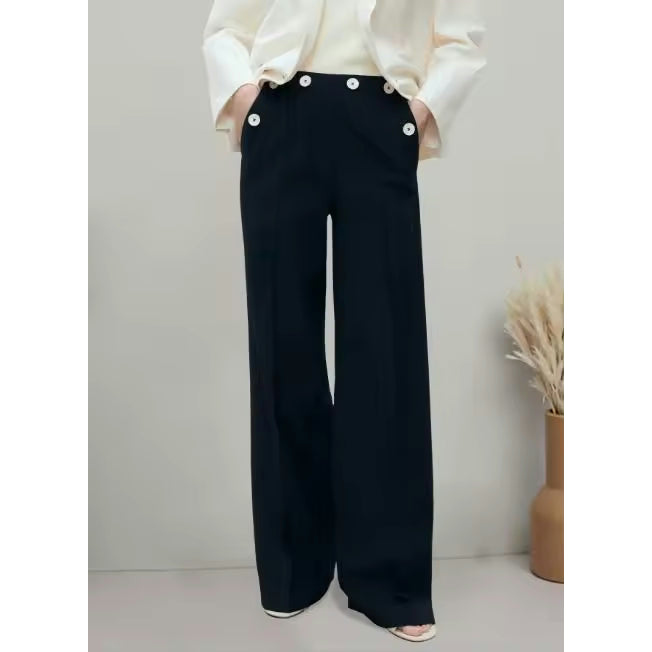 Blanche Navy Luxe Double-Button Pleated Pants
