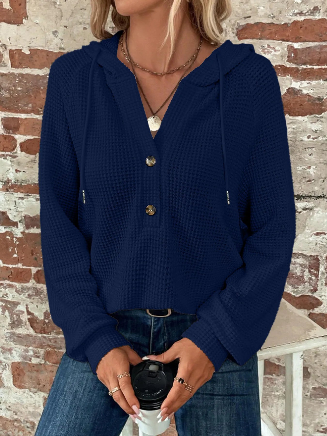 Diedra Navy Three‑Button Cozy Hooded Top