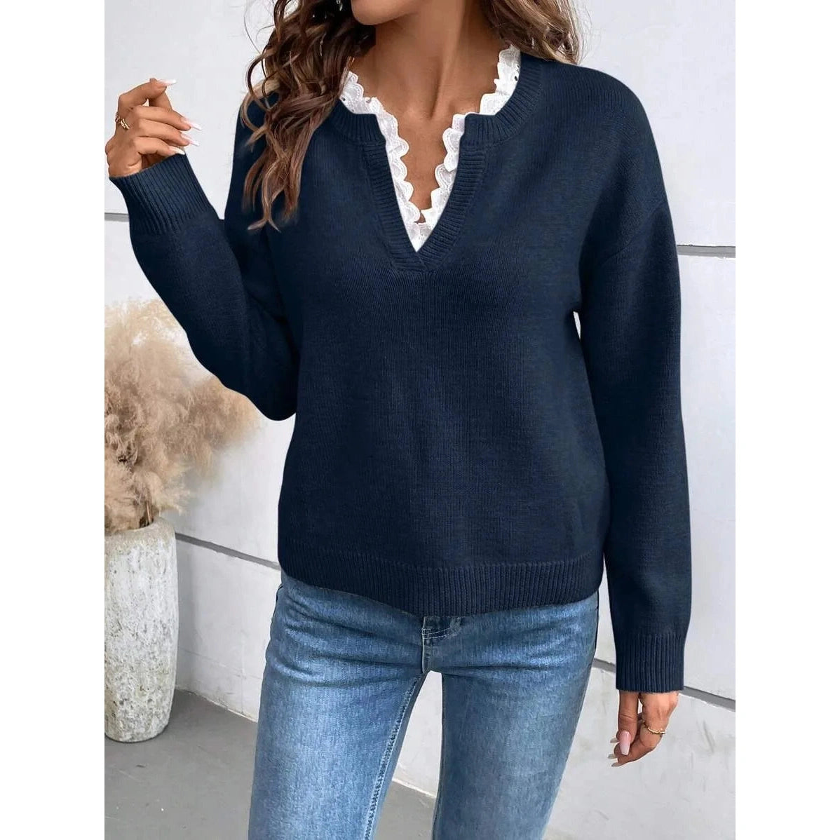 Irene Lace Trim V Neck Sweater - 7 Colors