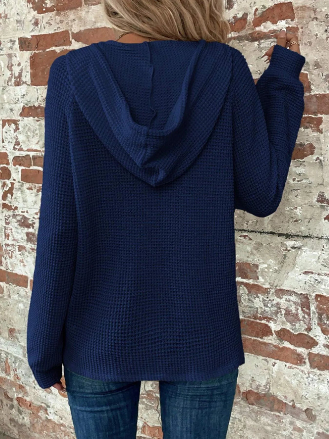 Diedra Navy Three‑Button Cozy Hooded Top