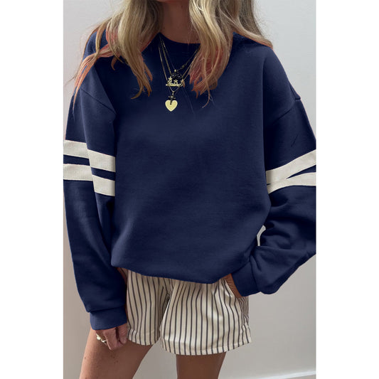 Navy Varsity Striped Detail Drop Shoulder Oversized Sweatshirt