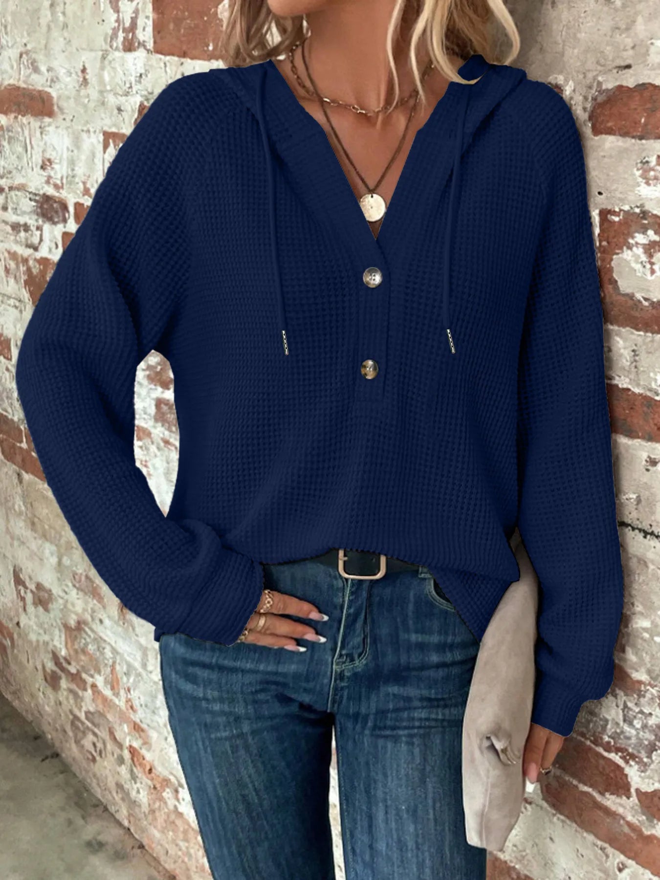 Diedra Navy Three‑Button Cozy Hooded Top