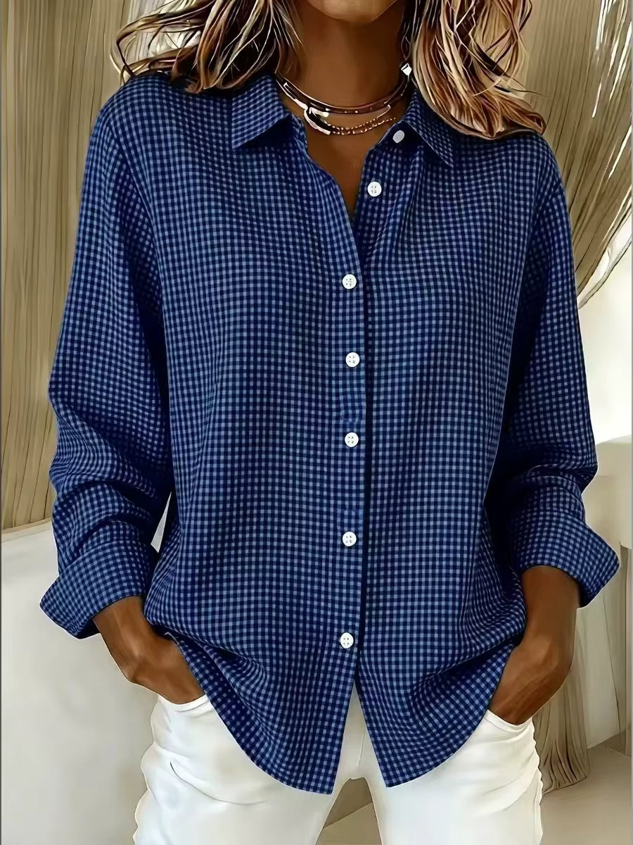 Gladis Navy Blue Micro‑Check Button‑Up Shirt