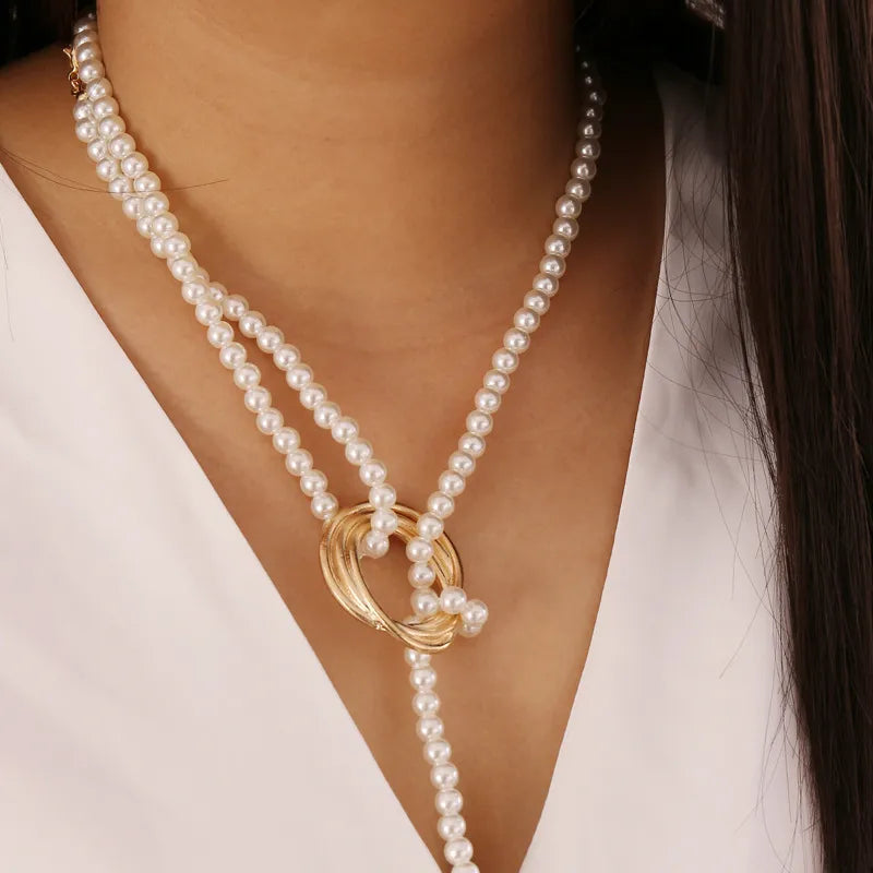 Faux Pearl Necklace with Gold Clasp & Drop Strand