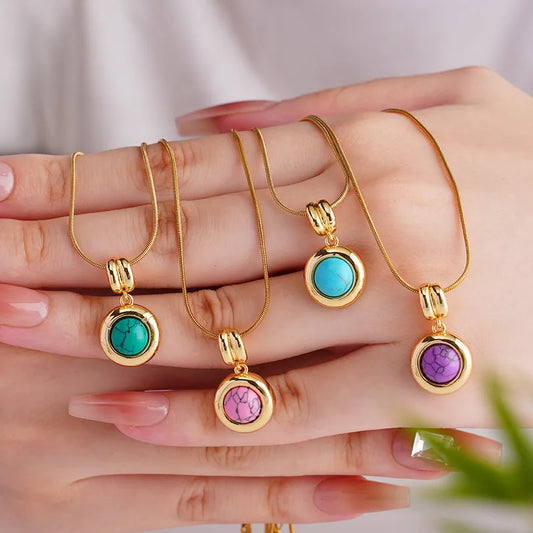 18K Real Gold Plated Marbeled Pendant Necklace - 4 Colors