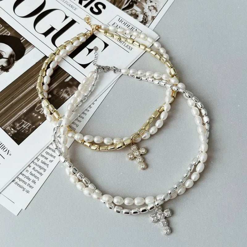 Imitation Pearl Necklace  w/ Cross Pendant - 2 Colors
